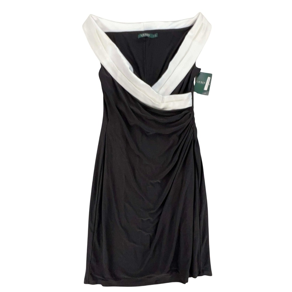 Lauren Ralph Lauren Womens Draped Sheath Evening Dress Black White Size 14‎ NWT